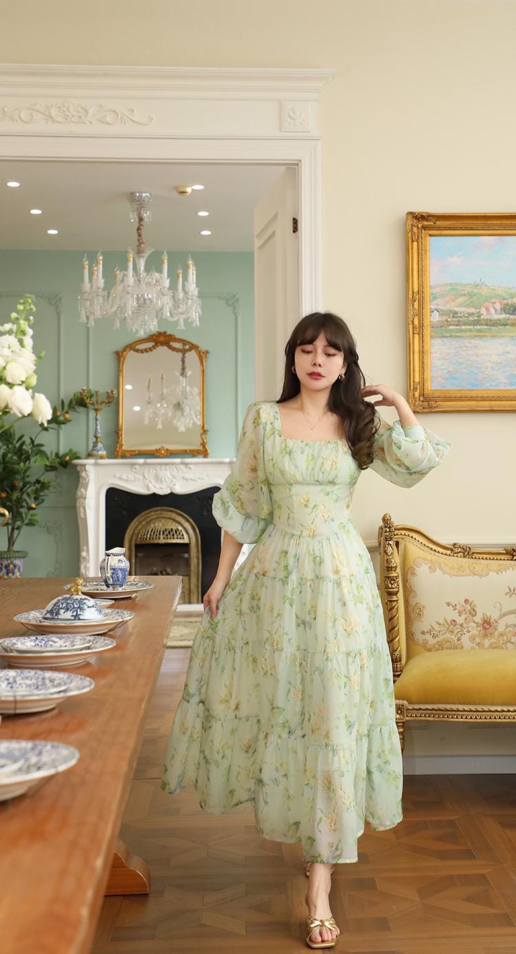 ヴィンテージフローラルシフォンマキシドレス：コテージコアフェアリー