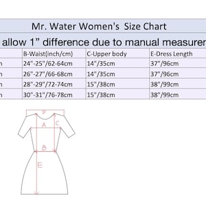 May include: A size chart for Mr. Water dresses, with measurements in inches and centimeters. The chart includes bust, waist, upper body, dress length, and shoulder measurements for sizes XS to L. The text also states to allow for a 1-inch difference.