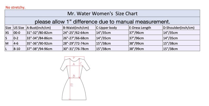 May include: A size chart for Mr. Water dresses, with measurements in inches and centimeters. The chart includes bust, waist, upper body, dress length, and shoulder measurements for sizes XS to L. The text also states to allow for a 1-inch difference.