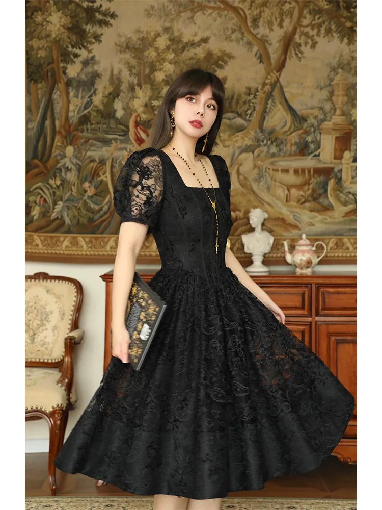Black Gothic Lace Dress – Embossed Embroidered Recycled Fabric