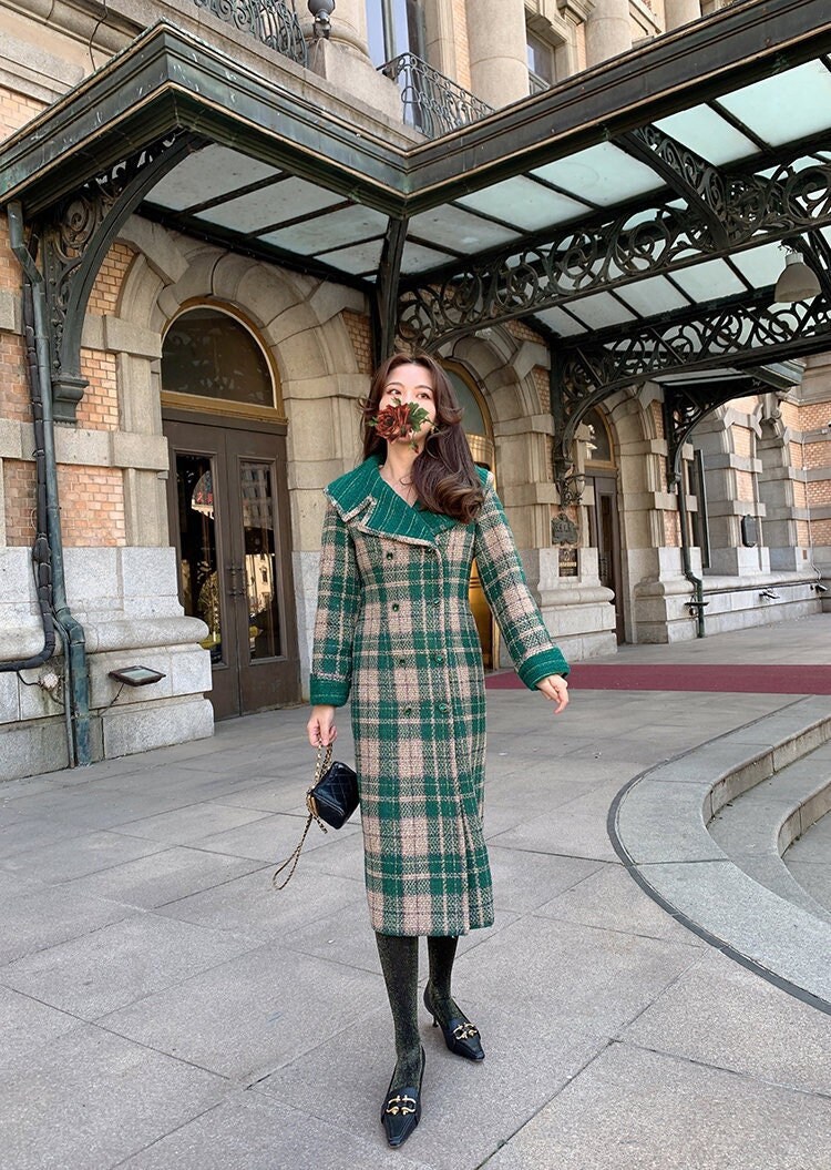 Water New York Plaid Wool Coat, Green Plaid Retro Coat