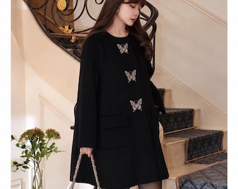 Black Wool Coat with Hand Beaded Butterfly, Short Winter Coat