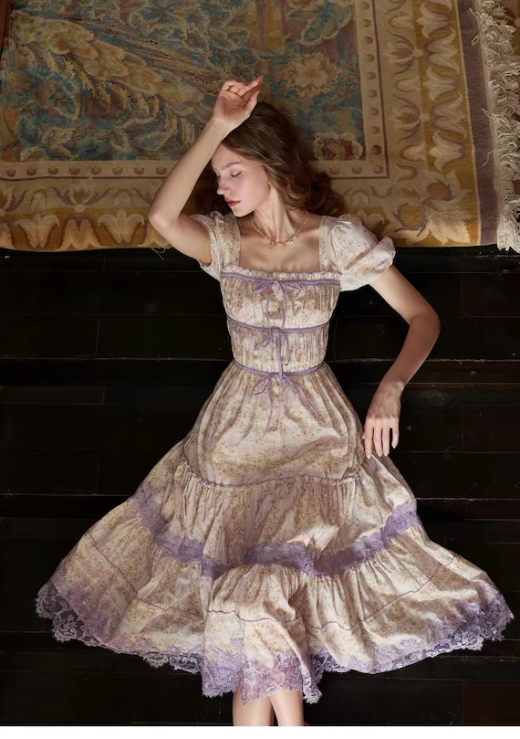 Romantic Tencel Cotton Dress, Purple Lace Midi Length Puff Sleeve Cottagecore Summer Party Dress