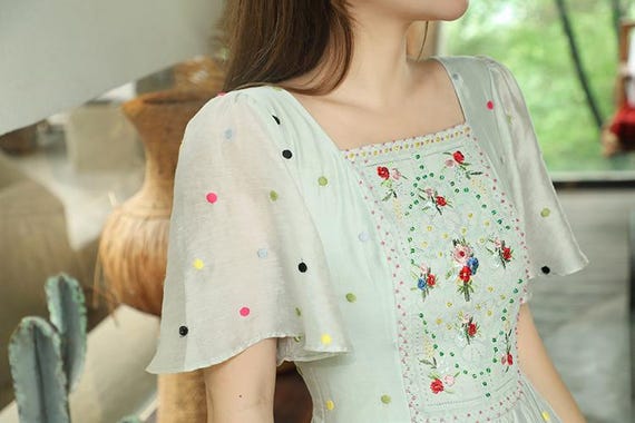 Mr Water New York Hand Made Embroidery Square Neck Dots Summer Dress - Etsy  Israel