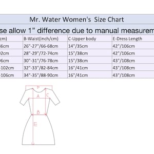 May include: A size chart for women's clothing, labelled "Mr. Water Women's Size Chart." The chart includes measurements for bust, waist, upper body, dress length, and shoulder, in inches and centimetres. A diagram of a dress is also included.