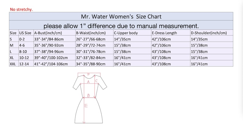 May include: A size chart for women's clothing, labelled "Mr. Water Women's Size Chart." The chart includes measurements for bust, waist, upper body, dress length, and shoulder, in inches and centimetres. A diagram of a dress is also included.