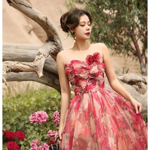 Mr Water New York Red Rose Printed Mesh Event Dress. Hand Made Rose.