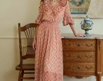 Floral Ruffle Maxi Dress, Vintage Inspired Rayon Dress, Elastic Waist