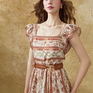 French Vintage Boho Midi Dress, Square Neck Ruffle Sleeve Dress, Tencel Linen Prairie Dress with Cotton Lining and Leather Belt image 8