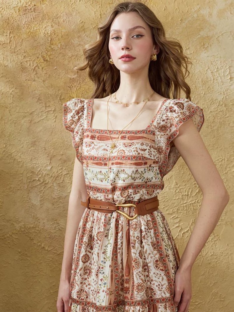 French Vintage Boho Midi Dress, Square Neck Ruffle Sleeve Dress, Tencel Linen Prairie Dress with Cotton Lining and Leather Belt image 8