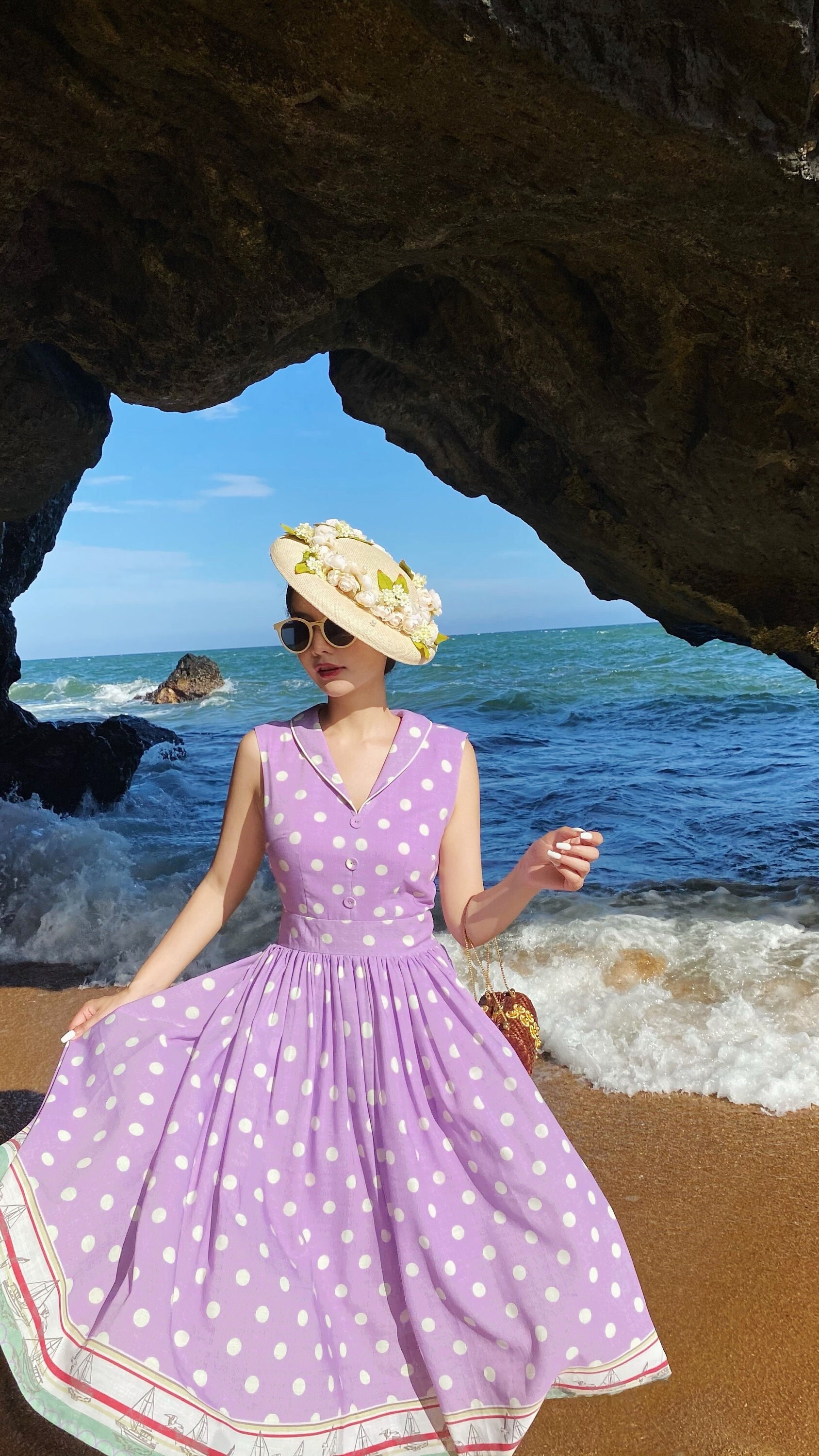 purple polka dot dress PRE-ORDER - New FIT - Maneater Swing Dress in Sunset Purple Polka Dot