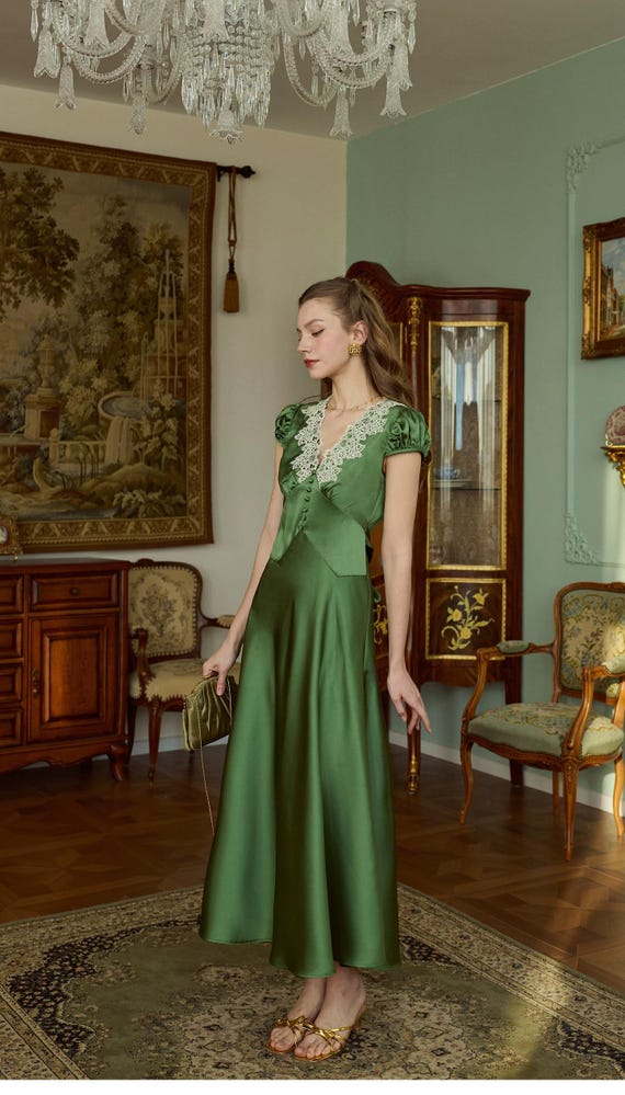 green satin dress with lace Exuberant Luxury Olive Green Satin Ruffled Lace-Up Maxi Dress