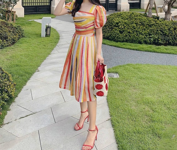 knee length dresses for ladies Entro Multicolor Striped Tiered Midi Dress