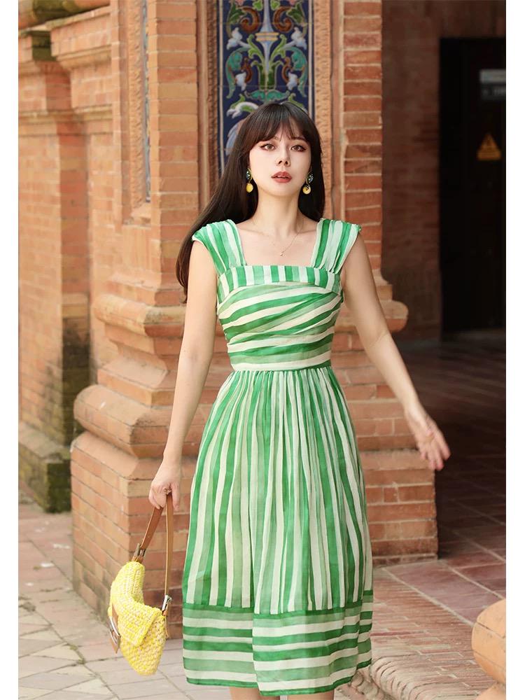 green emerald velvet dress Marcia Jersey Shirt Dress-Green and Ivory Stripe main image 0