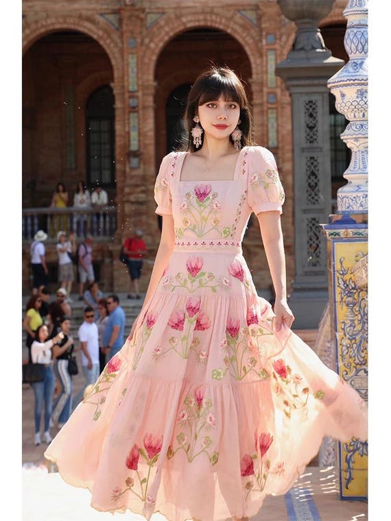 Serbian Princess Flower Dress Embroidered Ramie Dress Lined with Cotton Sleeved or Sleeveless