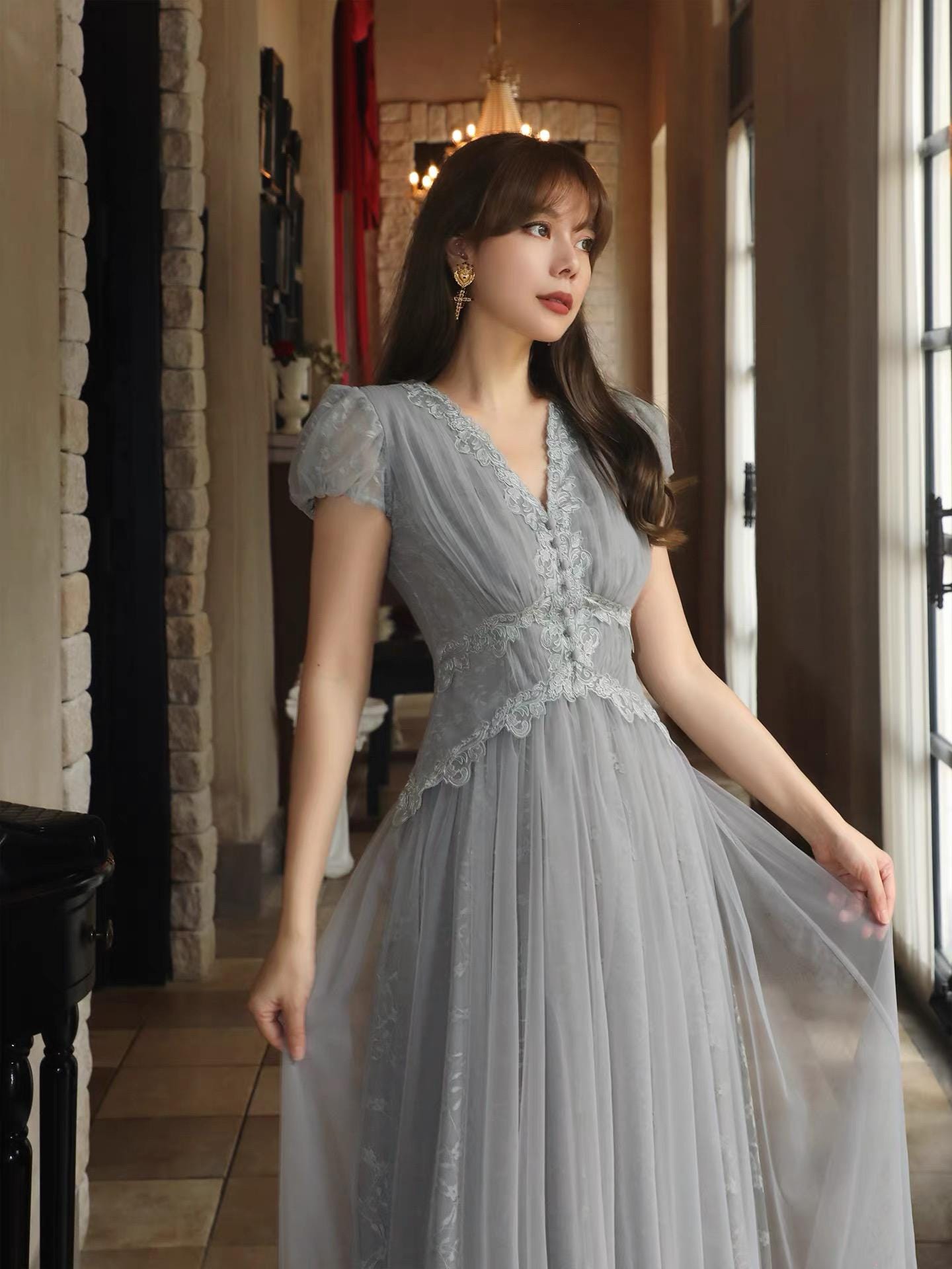 gray tea length formal dress Grey tea length knee length elegant cocktail evening dresses
