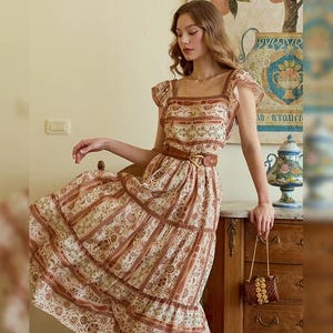 French Vintage Boho Midi Dress, Square Neck Ruffle Sleeve Dress, Tencel Linen Prairie Dress with Cotton Lining and Leather Belt image 4