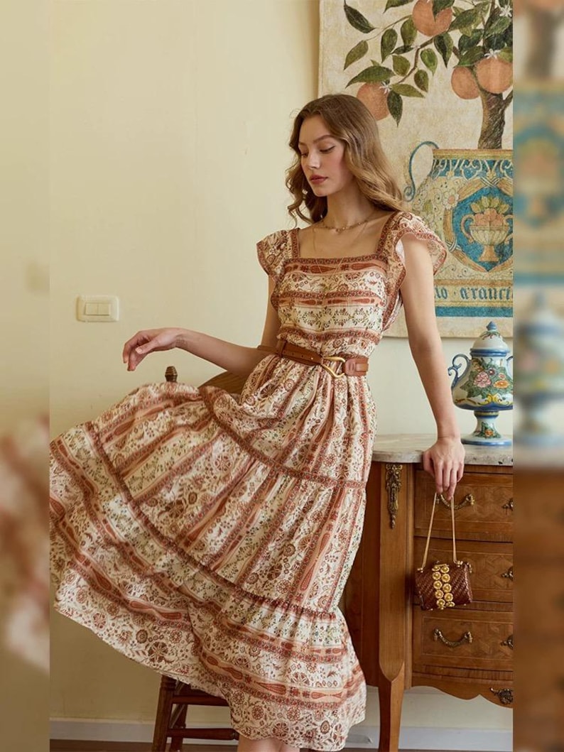 French Vintage Boho Midi Dress, Square Neck Ruffle Sleeve Dress, Tencel Linen Prairie Dress with Cotton Lining and Leather Belt image 4