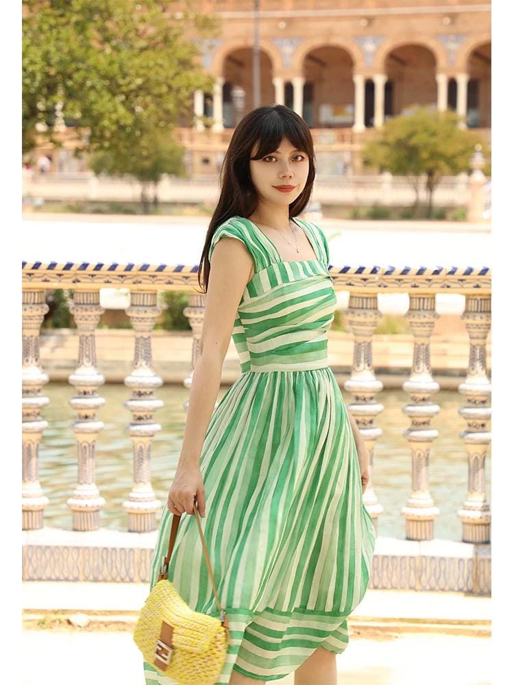 Fresh Green Striped Midi Dress Sleeveless Square Neck, Folded Bodice, Eco Fabric