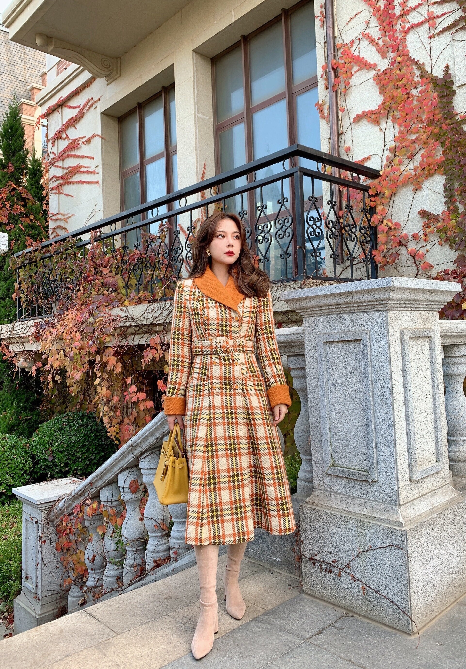 Mr. Water New York Plaid Wool Coat, Orange Women's Coat With