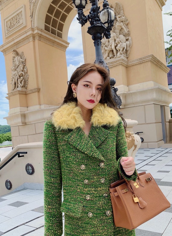 Italian Tweed Maxi Coat: Green & Yellow Wool, Sheep Fur Collar - Etsy