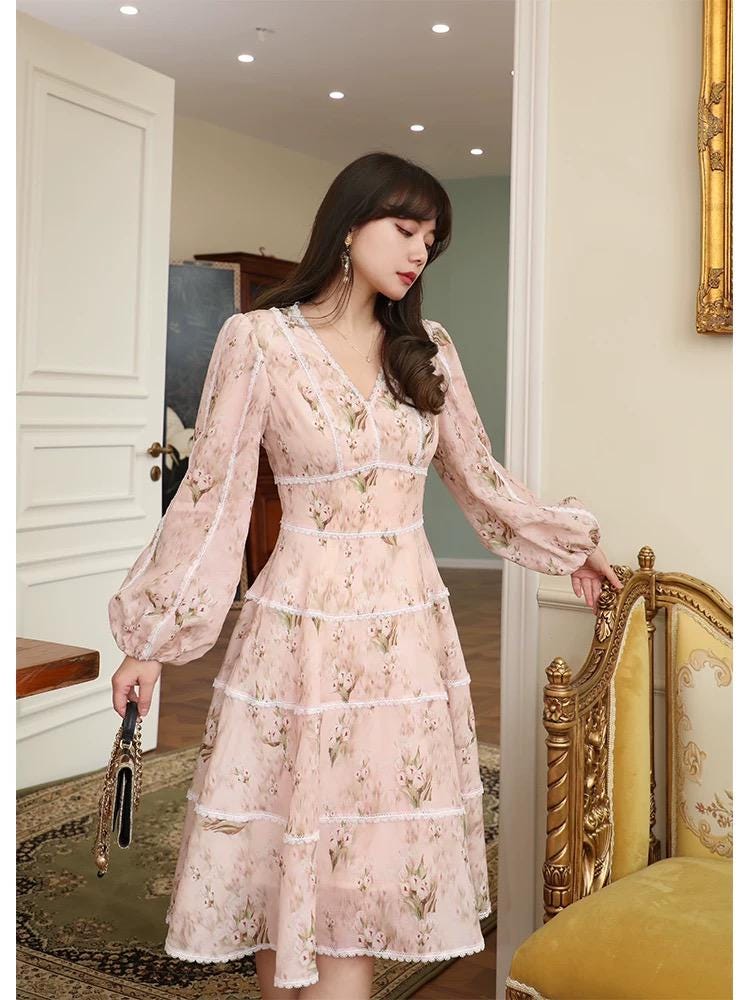 Romantic Vintage Floral Midi Dress Pink Puff Sleeve