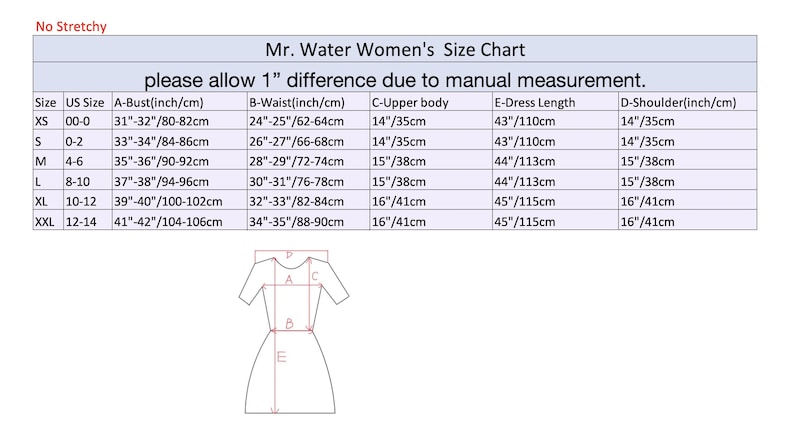 Puede incluir: Una tabla de tallas blanca para vestidos de mujer, etiquetada como "Mr. Water Women's Size Chart". La tabla incluye medidas de busto, cintura, parte superior del cuerpo, largo del vestido y hombro, en pulgadas y cm. Una ilustraci&oacute;n de vestido est&aacute; en la parte inferior.