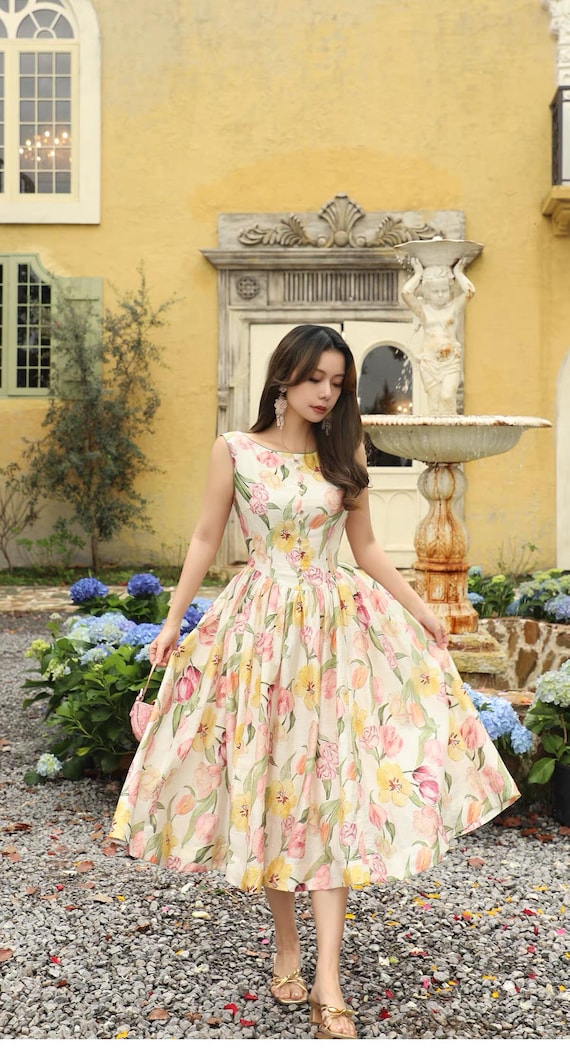 Tulip Floral Midi Dress, Tencel Garden Party Dress, Sleeveless