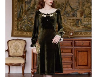 Velvet Hand Embroidered Victorian Style Midi Dress