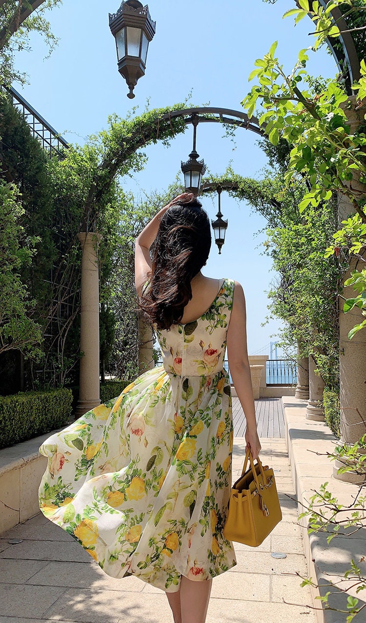 Yellow Rose Floral Dress: Sleeveless Summer Garden Party Dress