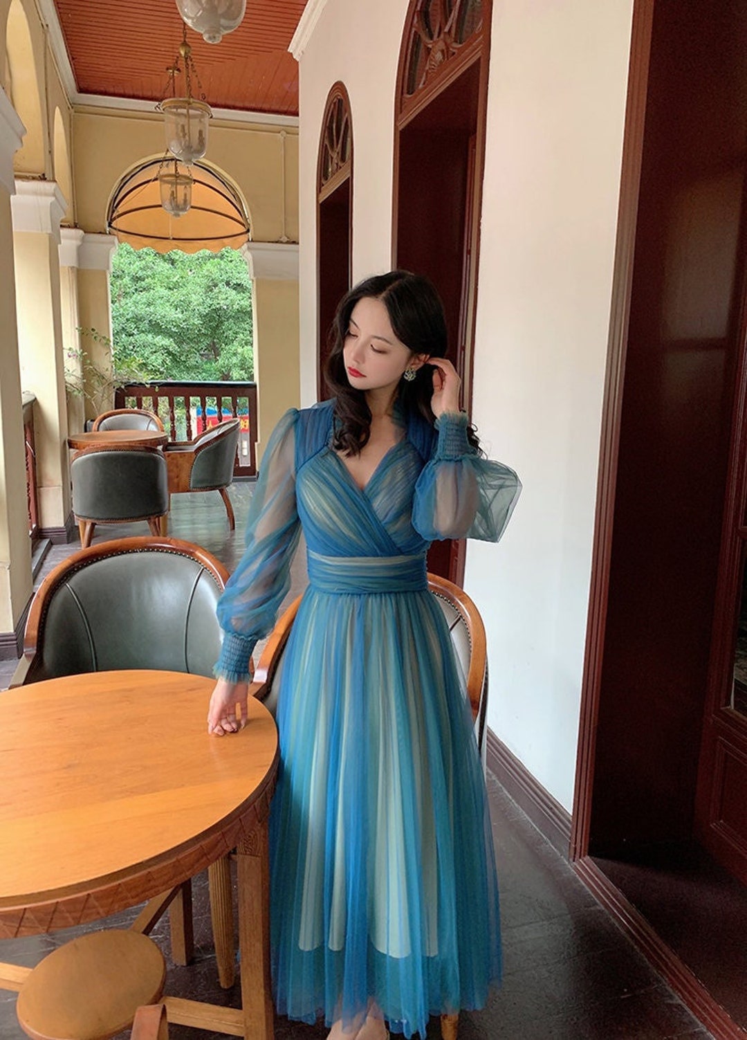 Ethereal Blue Mesh Tulle Dress – Elegant Formal Gown, Concert