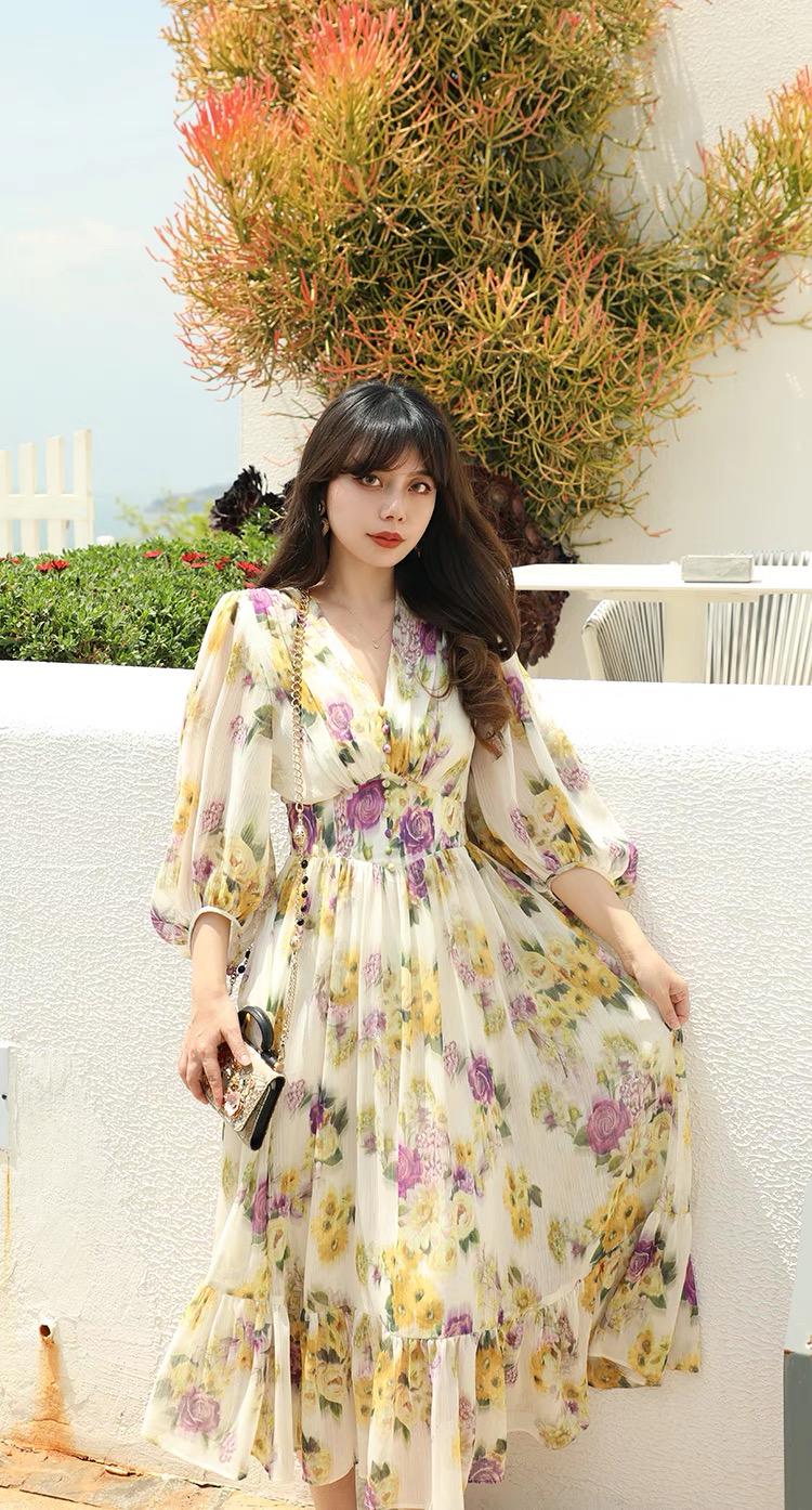floral print chiffon midi dress Floral Chiffon Midi Dress, 3/4 Sleeve