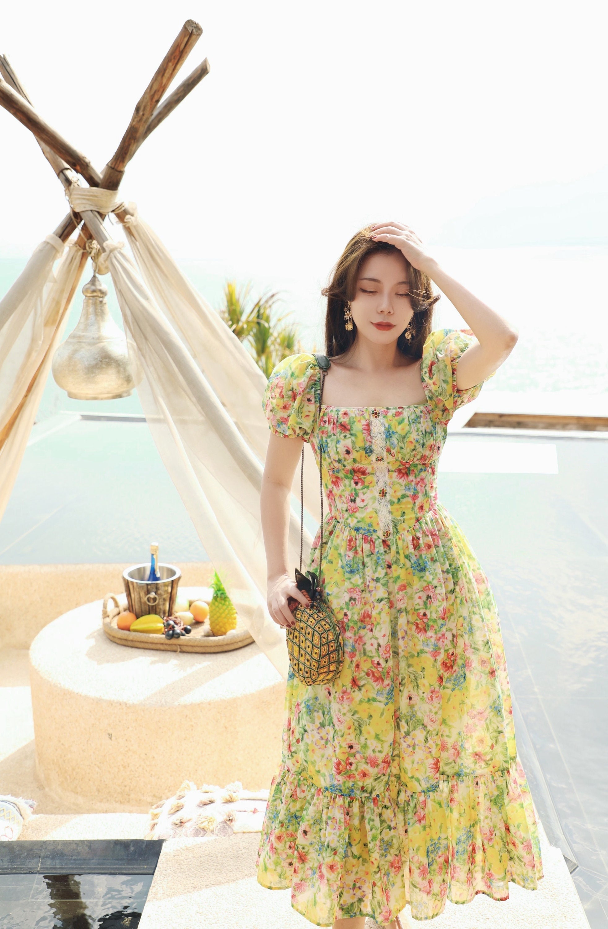 SinceThen★French square neck floral dress ワンピース ST45 Tabitha Square Neck Front Slit Floral Midi Dress