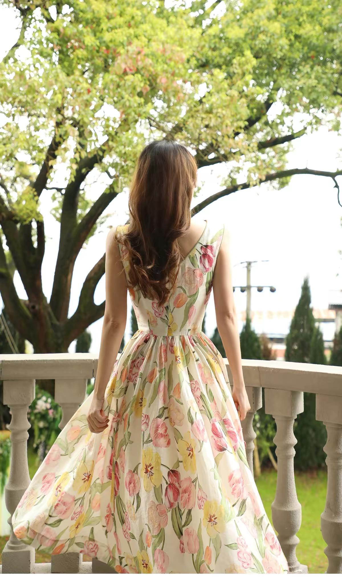 Tulip Floral Midi Dress, Tencel Garden Party Dress, Sleeveless
