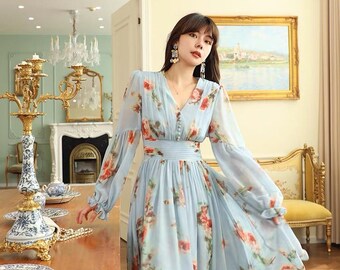 Romantic Vintage-inspired Floral Maxi Dress  Light Blue Chiffon, Flowy &  Elegant Gown - Etsy