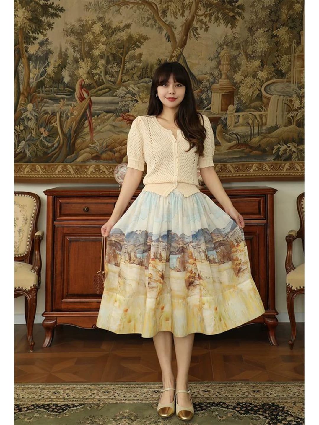 Vintage Oil Painting Top and Midi Skirt Retro Landscape Print