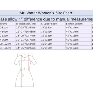 May include: A size chart for women's clothing, labeled "Mr. Water Women's Size Chart." The chart includes measurements for bust, waist, upper body, dress length, and shoulder in inches and centimeters. The chart also includes a diagram of a dress.