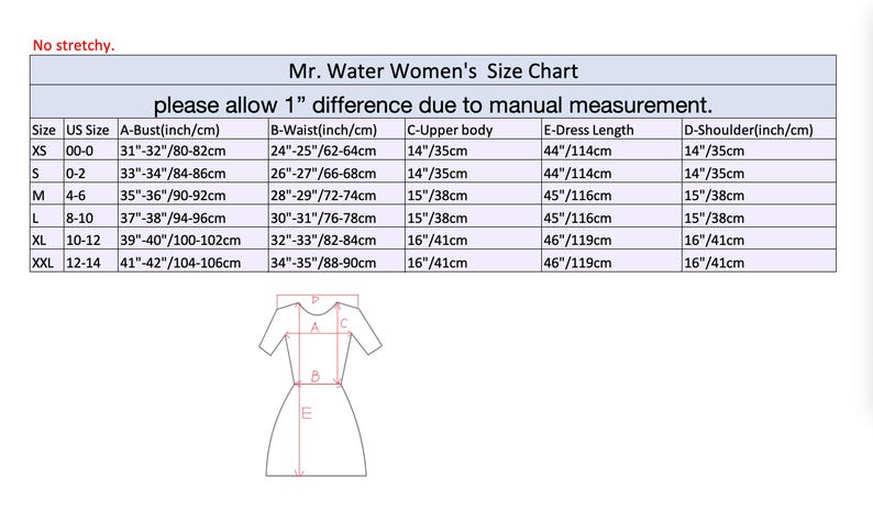 May include: A size chart for women's clothing, labeled "Mr. Water Women's Size Chart." The chart includes measurements for bust, waist, upper body, dress length, and shoulder in inches and centimeters. The chart also includes a diagram of a dress.