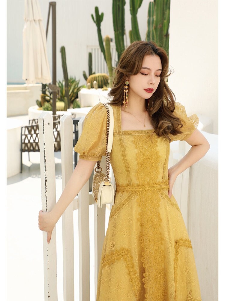 Yellow Dress, Winter Wool Dress, Fit and Flare Dress, Formal Dress, Warm  Dress, Womens Dresses, Long Sleeves Dress, Modern Dress 2233 