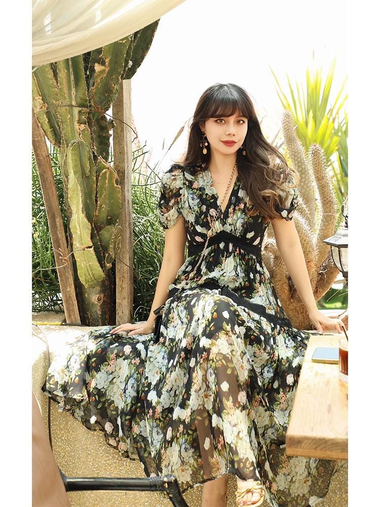 Romantic Black Floral Silk Midi Dress | 100% Mulberry Silk | Italian Floral  Print | Lace Detail - Etsy