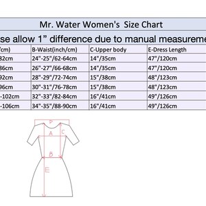 May include: A white size chart for women's clothing, labeled "Mr. Water Women's Size Chart." The chart includes measurements for bust (31"-42"), waist (24"-35"), upper body (14"-16"), dress length (47"-49"), and shoulder (14"-16").