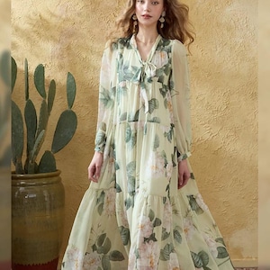 iris & ink green floral chiffon maxi dress R.Vivimos Women Chiffon Print V Neck Long Sleeve Tie Waist Casual Boho Maxi Dresses (Small,Green) at Amazon Women's Clothing store