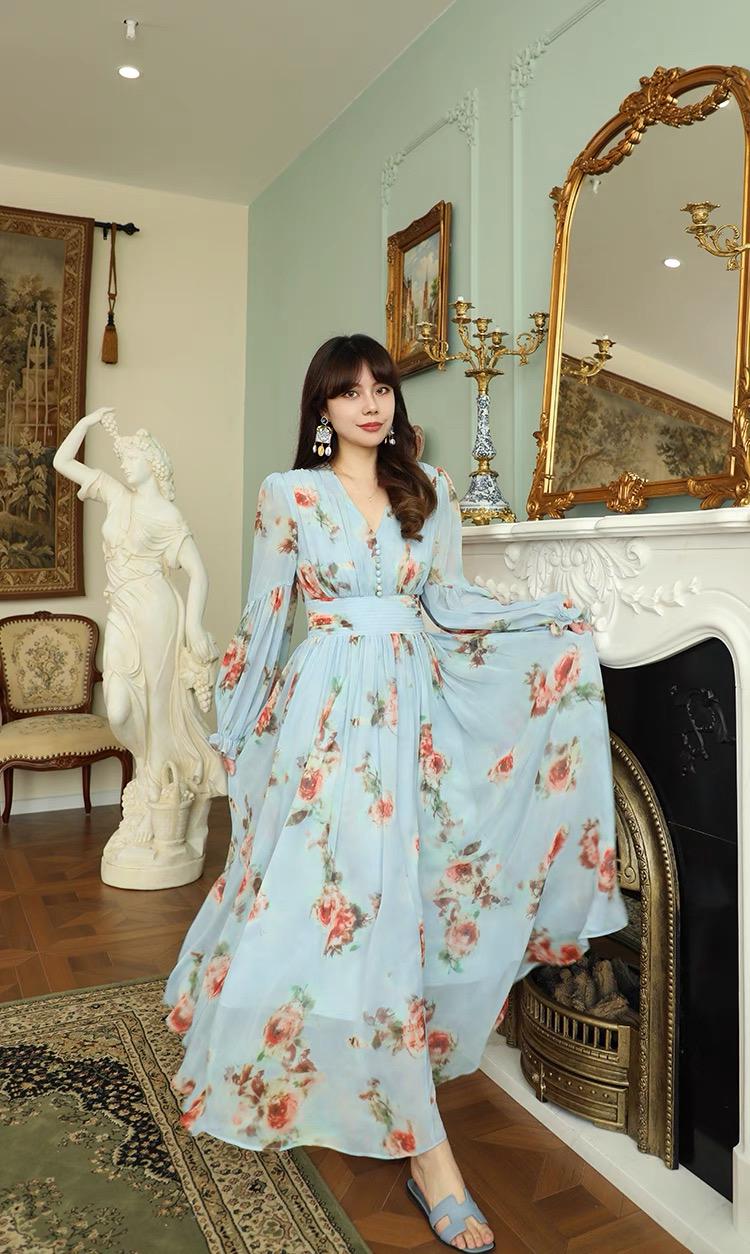 Romantic Vintage-inspired Floral Maxi Dress  Light Blue Chiffon, Flowy &  Elegant Gown - Etsy