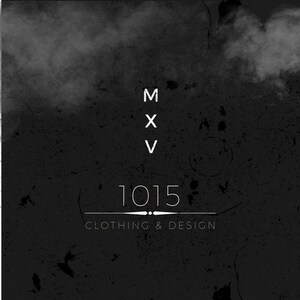 May include: A black and white graphic design featuring the text "MXV" stacked vertically, with "1015" below, and "CLOTHING & DESIGN" at the bottom. The background has a textured, grunge-like appearance with a cloudy effect at the top.
