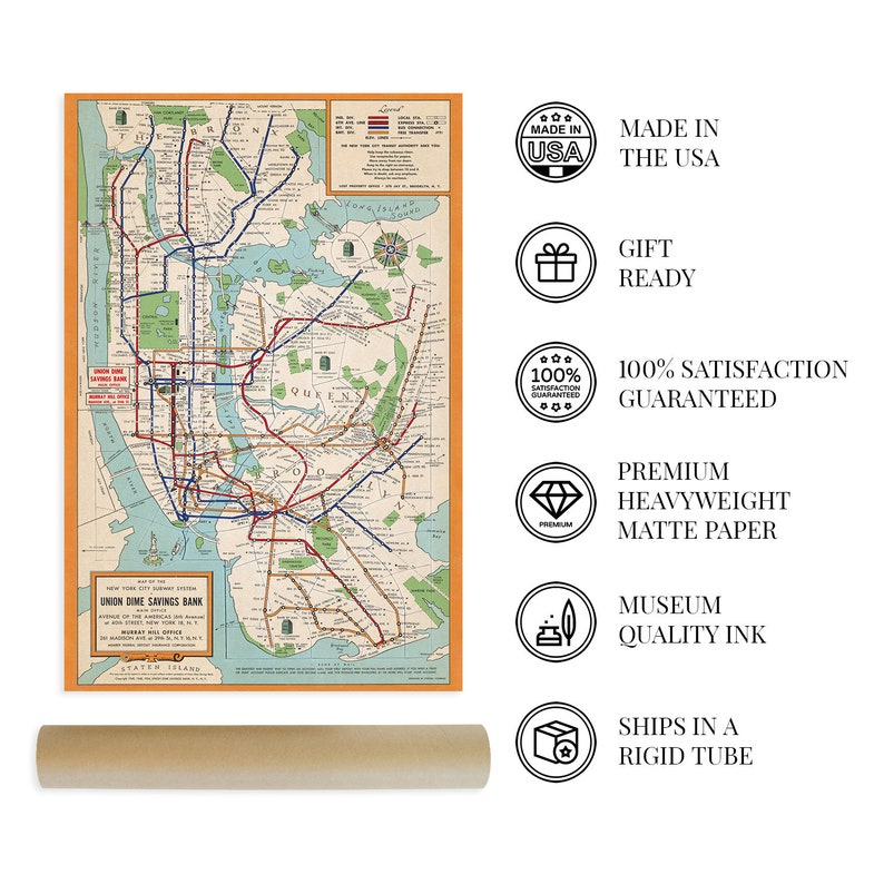 1954 New York City Subway Map Poster Vintage Map Wall Art New York