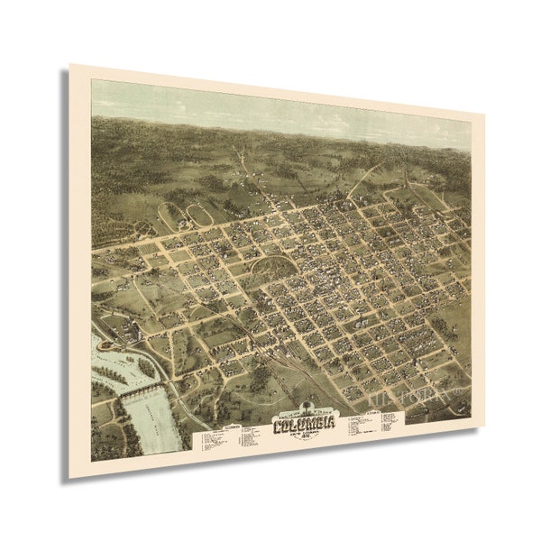 1872 Columbia South Carolina Map Poster - Vintage Map of Columbia SC Wall Art - Old Columbia SC Map - Historic Bird's Eye View of Columbia