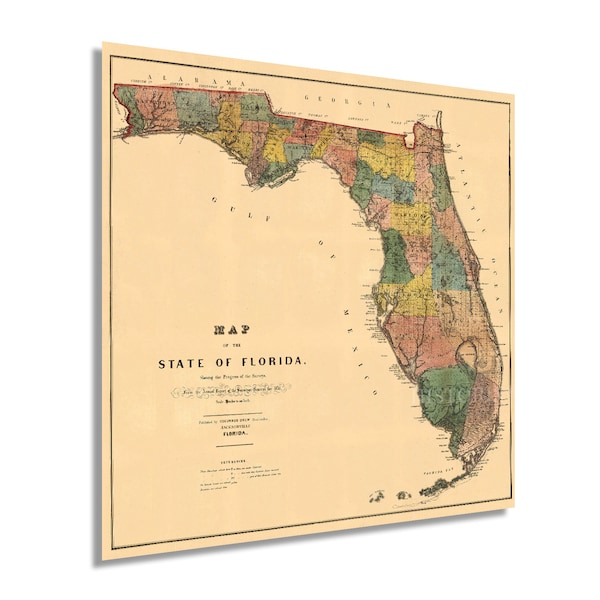 1856 Florida State Wall Map - Vintage Map Wall Art - Vintage Florida Map Poster Showing Cities, Towns, Roads, Trails and Railroad Lines