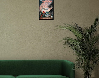 May include: A rectangular wall art print measuring 8 inches by 12 inches featuring a vintage travel poster for the Caribbean by Clipper. The illustration depicts a Pan American World Airways airplane flying over a tropical landscape with palm trees.
