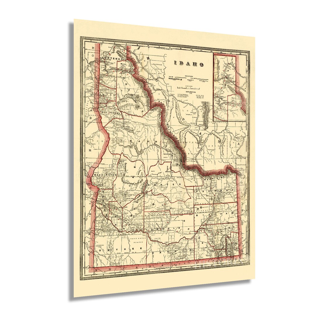 1896 Idaho State Map Vintage Map of Idaho Wall Art Old Township County ...