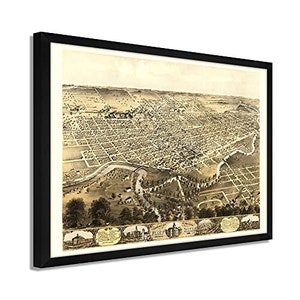 1868 Fort Wayne Indiana Map -  Framed Vintage Fort Wayne Indiana Map - Bird&#39;s Eye View of Fort Wayne Indiana  Wall Art Poster